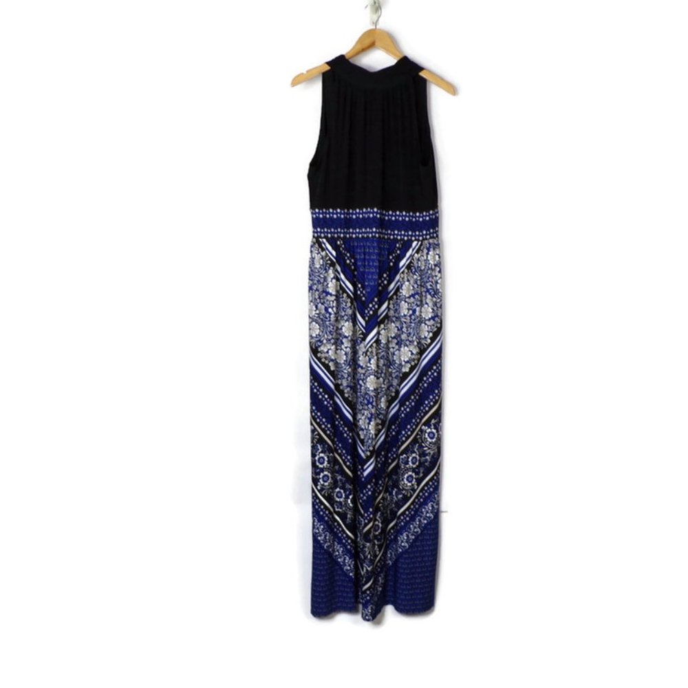 Maxi Summer Dress Size 14 Blue and Black Floral Chevron Pattern  3143